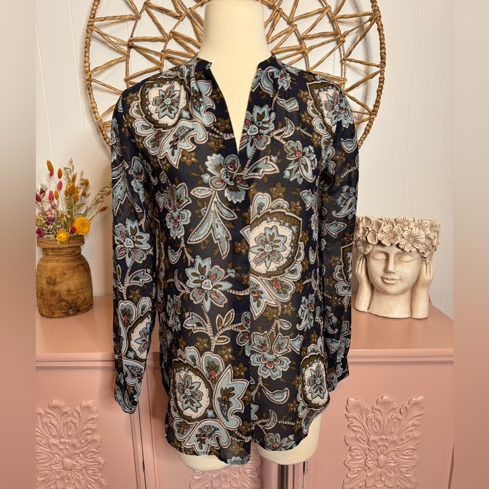 LOFT XS Blue Paisley sheer Blouse